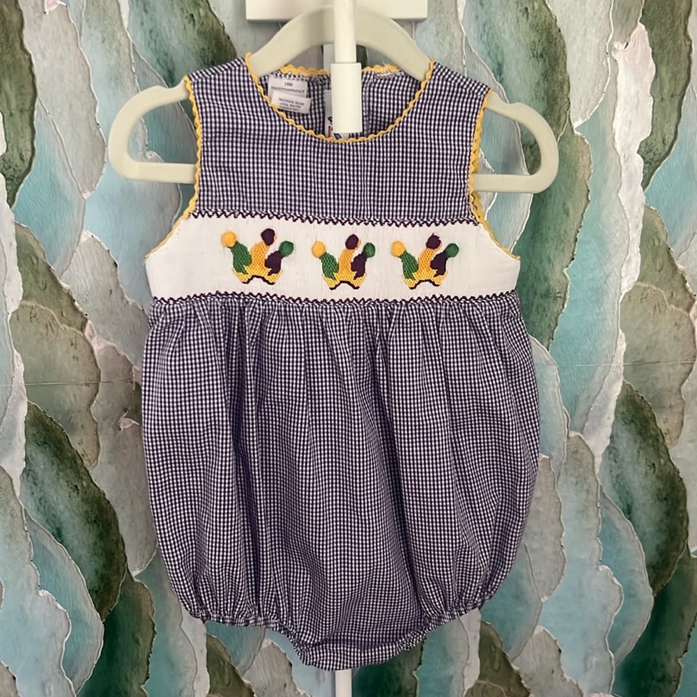 Silly Goose hand smocked Mardi Gras bubble